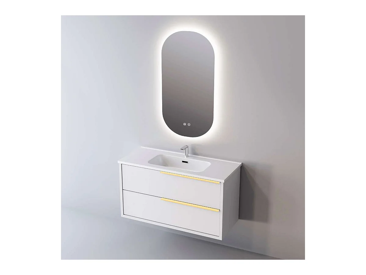 Meuble Salle de Bain LIKE (101 cm x H54 x P45 cm), Plan Vasque Céramique WB, 2 Tiroirs Poignée Or, Laqué Blanc Mat