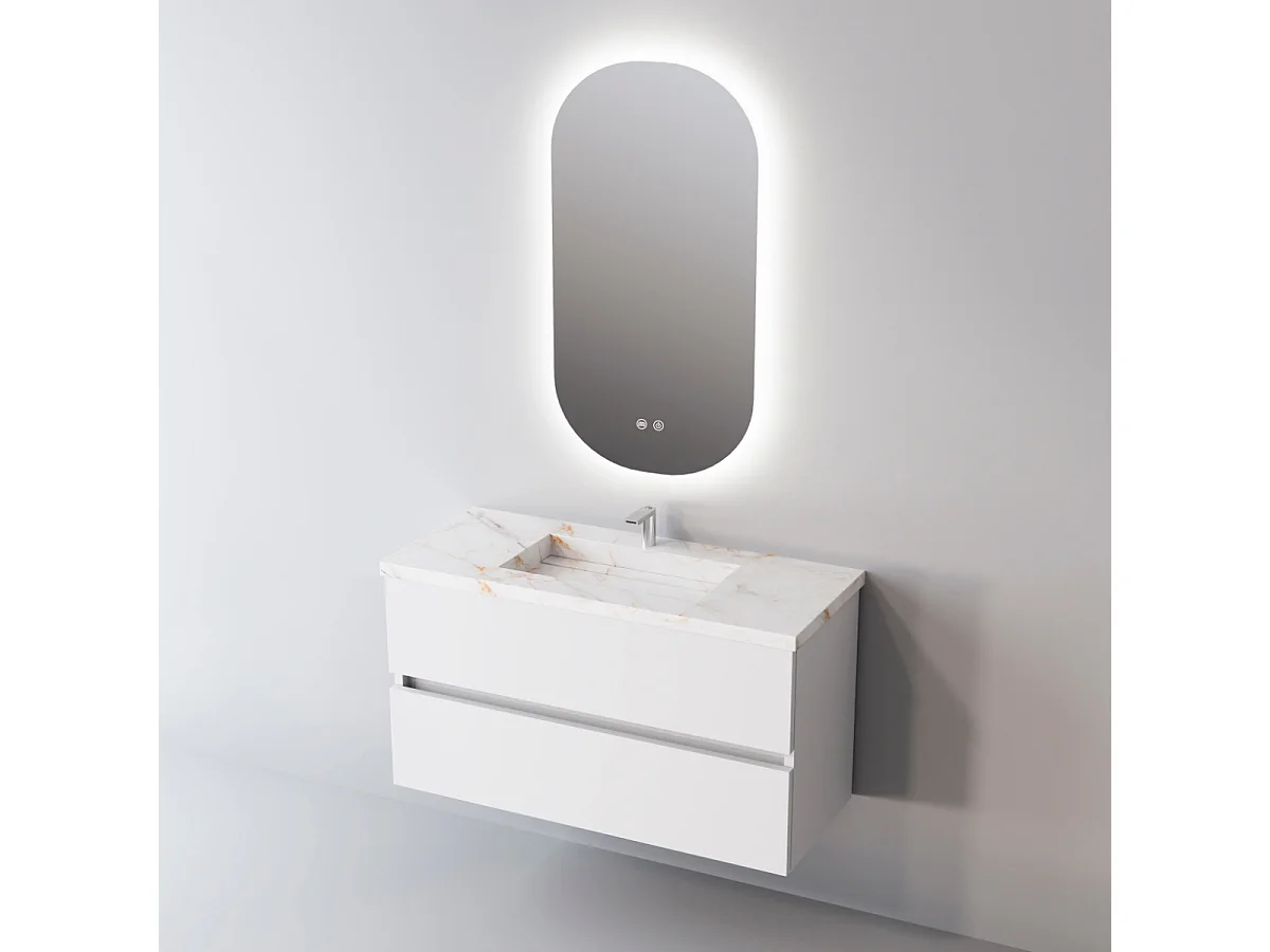 Meuble Salle de Bain ANCONA (61 cm x H54 x P45 cm), Plan Vasque Grès Cérame BS, 2 Tiroirs, Blanc Brillant