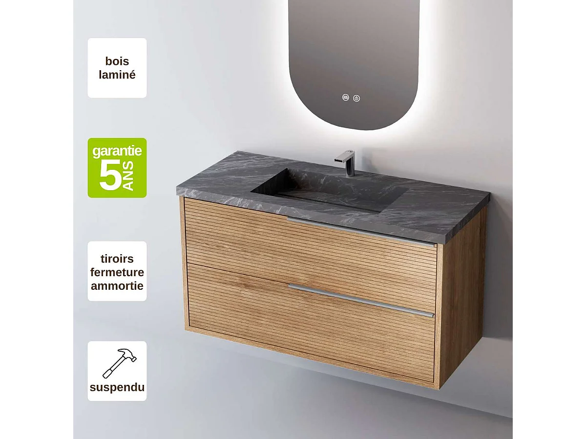 Meuble Salle de Bain LISTELLO (61 cm x H54 x P45 cm), Plan Vasque Grès Cérame NA, 2 Tiroirs Impression 3D Poignée Inox Satiné, Chêne Naturel