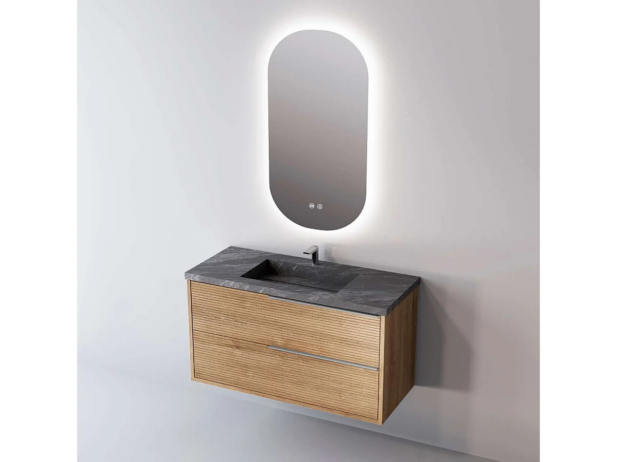 Meuble Salle de Bain LISTELLO (61 cm x H54 x P45 cm), Plan Vasque Grès Cérame NA, 2 Tiroirs Impression 3D Poignée Inox Satiné, Chêne Naturel