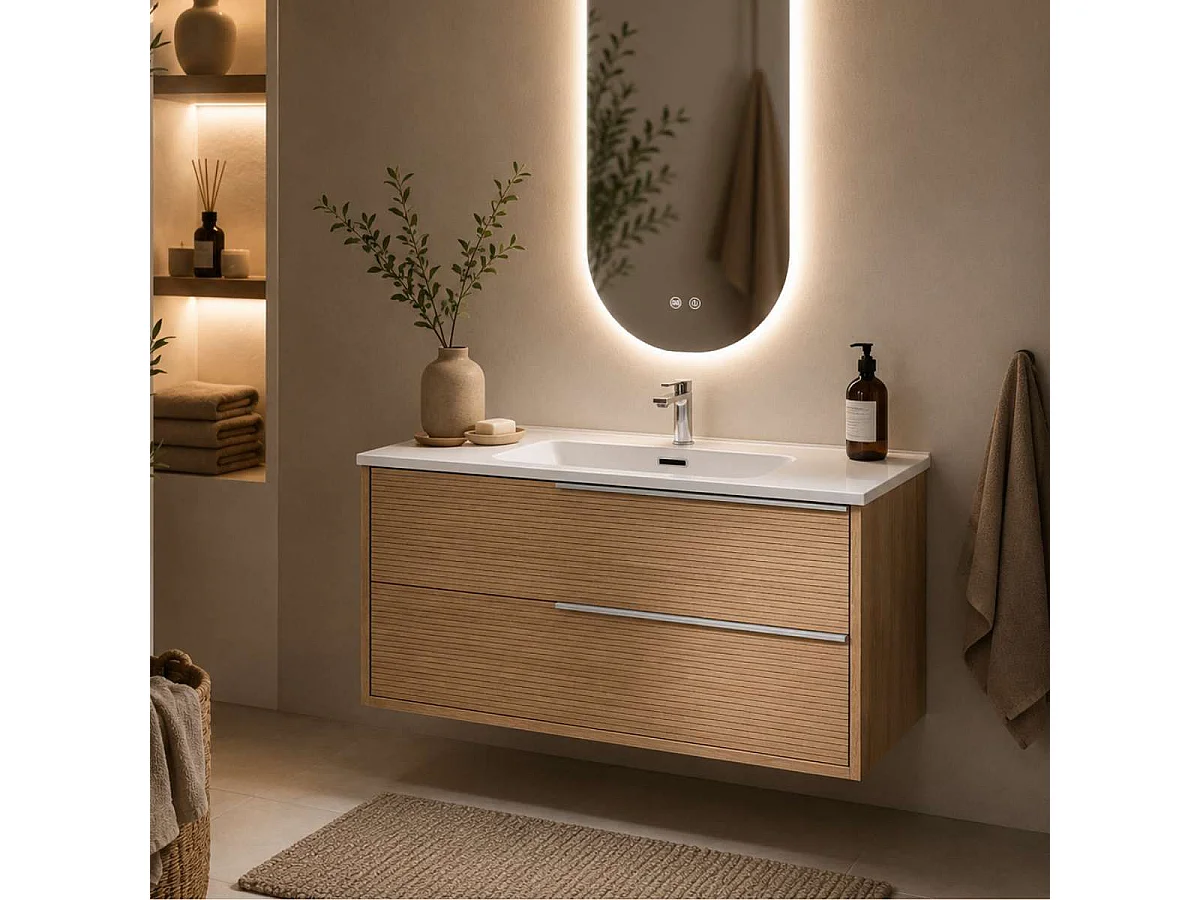 Meuble Salle de Bain LISTELLO 60cm, Plan Vasque Grès Cérame, 2 Tiroirs Impression 3D Poignée Inox Satiné, Finition Chêne Naturel, H 54cm x P 45cm