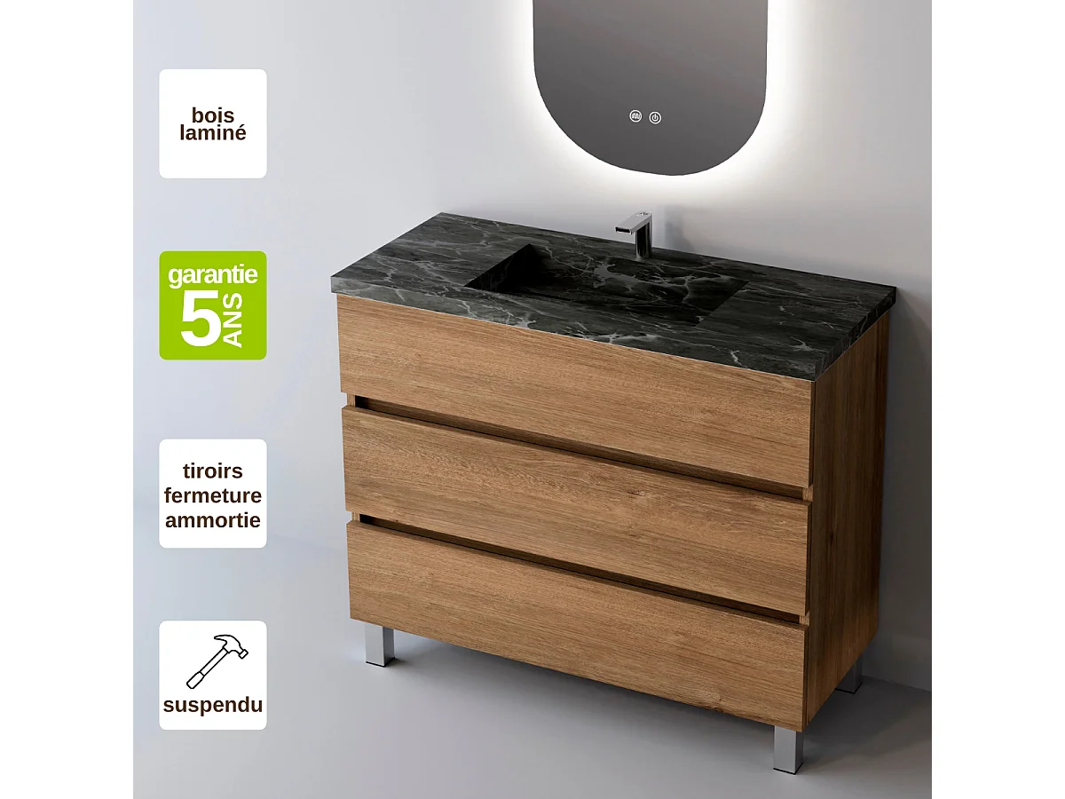 Meuble salle de bain ATRANI 60cm – Plan vasque grès cérame, 3 tiroirs, finition Finition Chêne Naturel, H 54cm x P 45cm