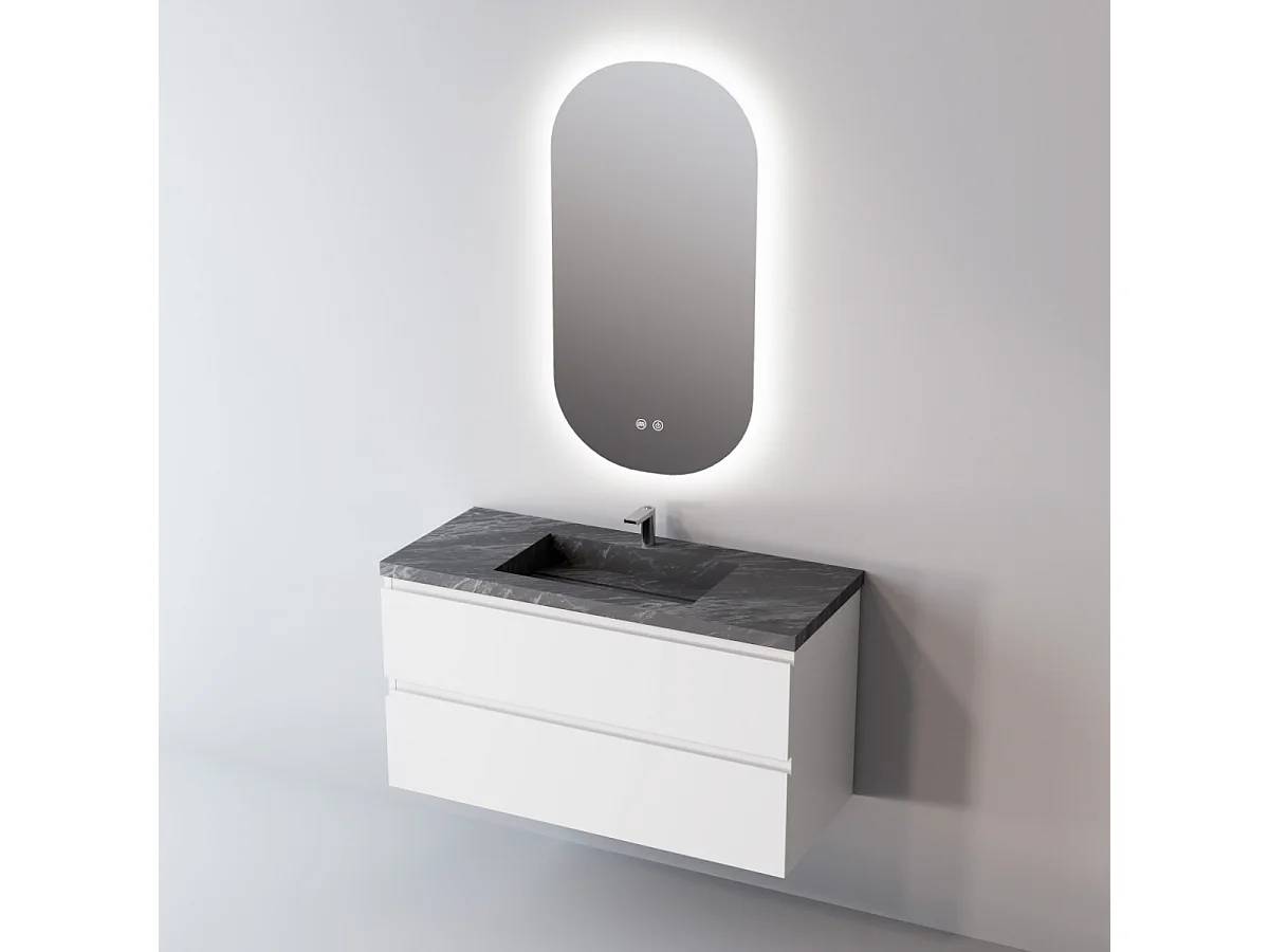 Meuble Salle de Bain STEP (81 cm x H54 x P45 cm), Plan Vasque Solide Surface, 2 Tiroirs, Finition Chêne Clair