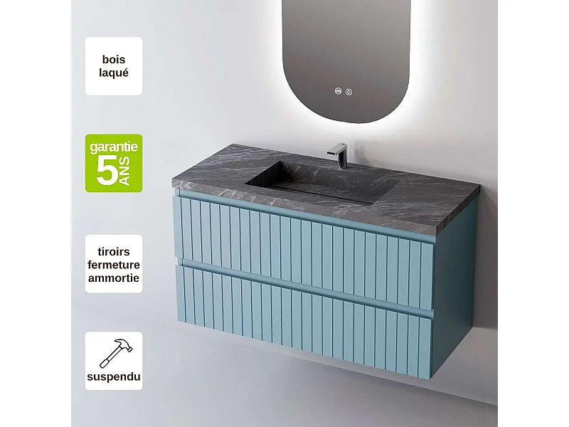 Meuble Salle de Bain GLOW (101 cm x H54 x P45 cm), Plan Vasque Grès Cérame NA, 2 Tiroirs, Laqué Bleu Cobalt Mat