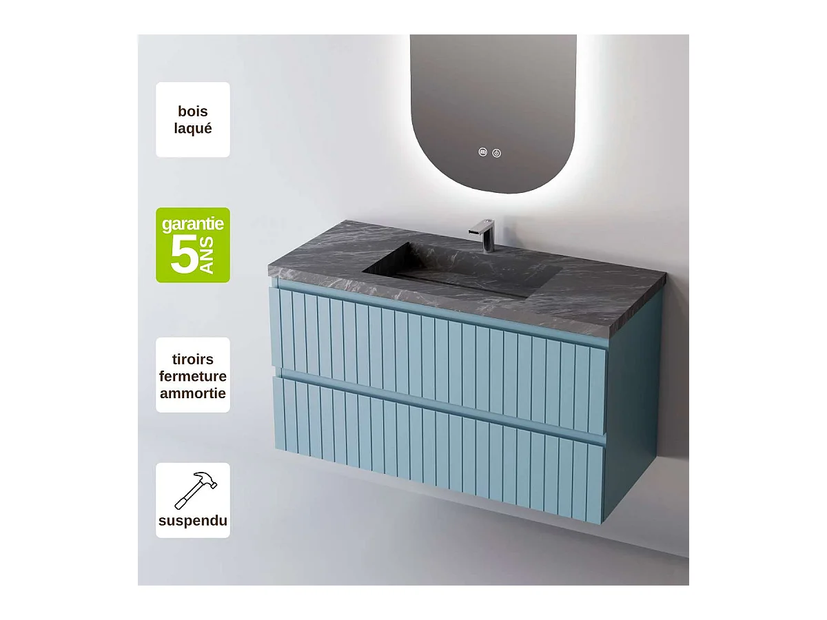 Meuble Salle de Bain GLOW (101 cm x H54 x P45 cm), Plan Vasque Grès Cérame NA, 2 Tiroirs, Laqué Bleu Cobalt Mat