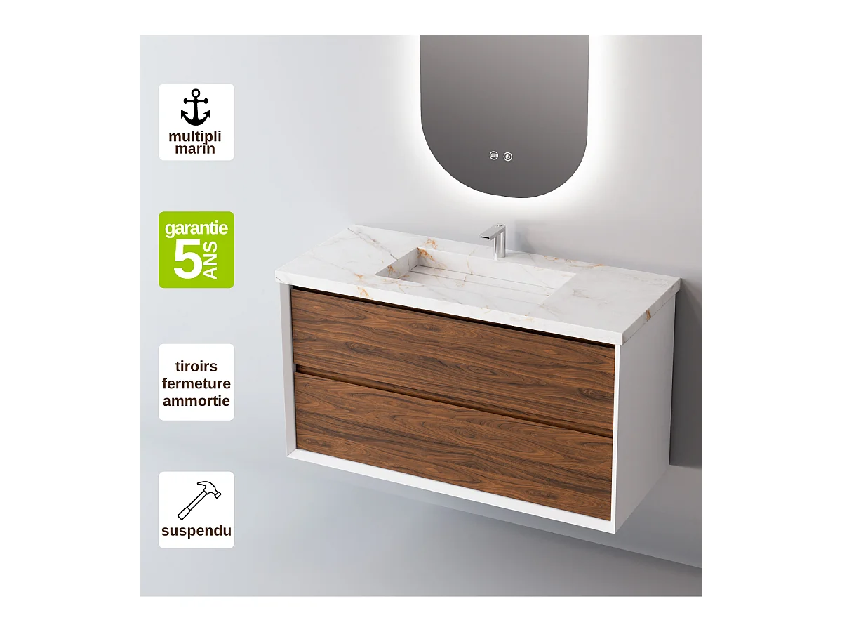 Meuble Salle de Bain COOL  (81 cm x H54 x P45 cm), Plan Vasque Grès Cérame BS, 2 Tiroirs, Laqué Blanc Mat/Noyer