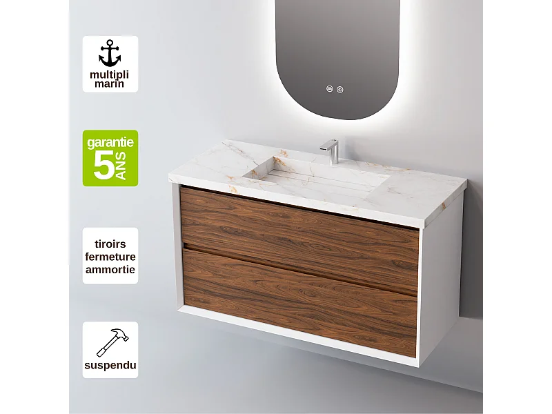 Meuble Salle de Bain COOL  (81 cm x H54 x P45 cm), Plan Vasque Grès Cérame BS, 2 Tiroirs, Laqué Blanc Mat/Noyer