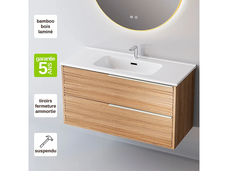 Meuble Salle de Bain BAMBOO (101 cm x H54 x P45 cm), Plan Vasque Solide Surface, 2 Tiroirs Poignée Inox Satiné, Chêne Naturel