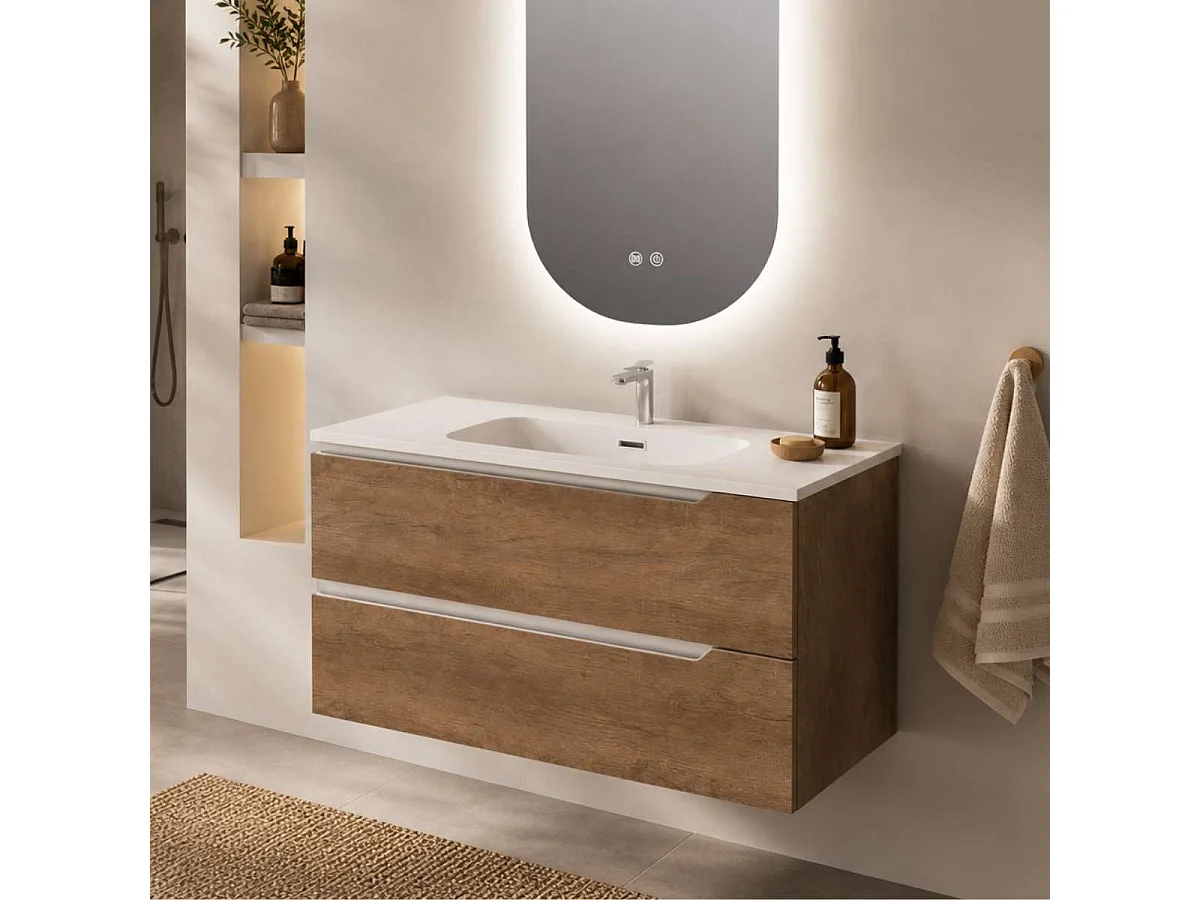 Meuble salle de bain DUO 100cm – Plan vasque Solid surface, 2 tiroirs, finition Finition Chêne Foncé, H 54cm x P 45cm
