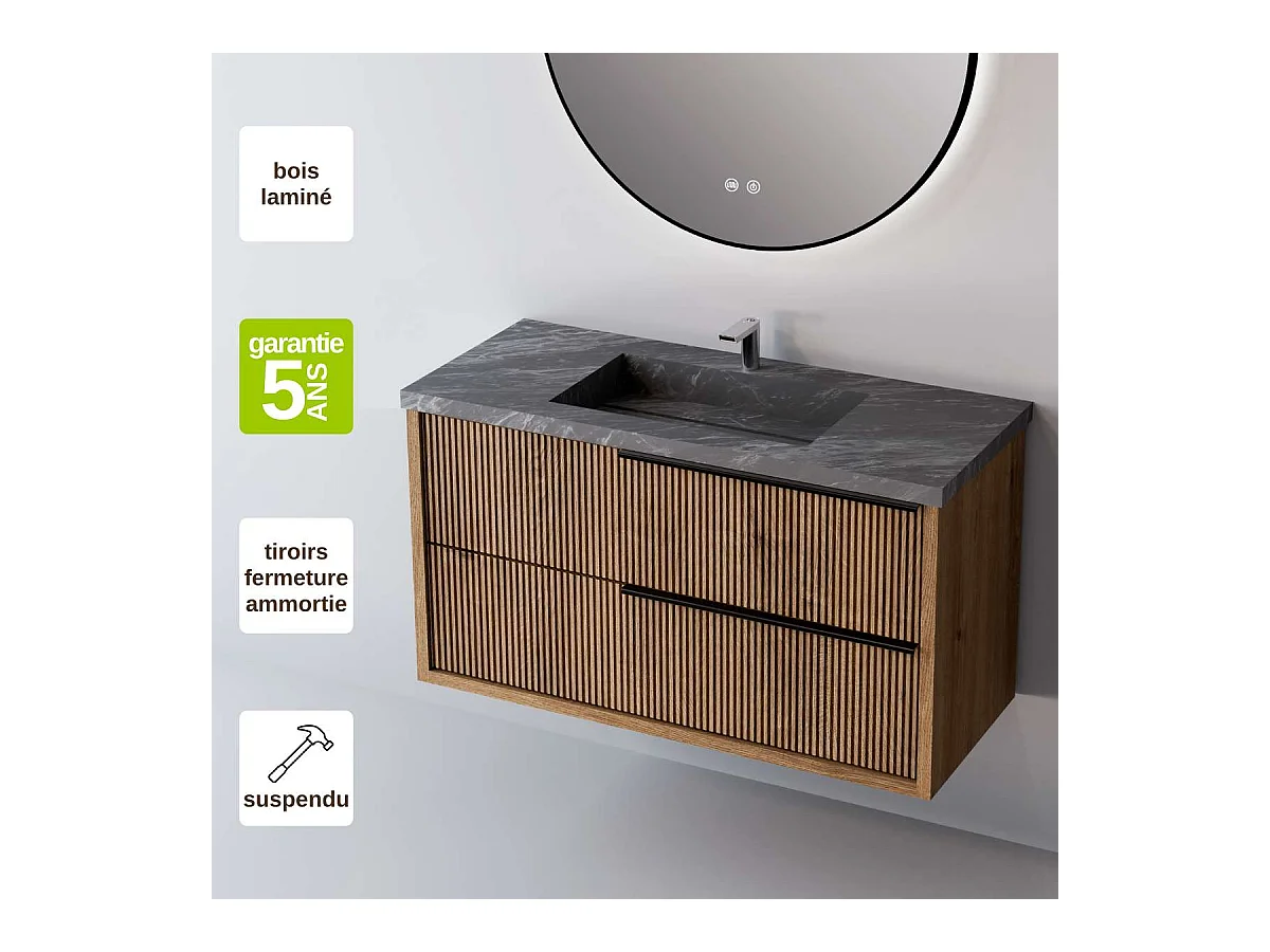 Meuble Salle de Bain TREND (81 cm x H54 x P45 cm), Plan Vasque Grès Cérame NA, 2 Tiroirs Impression 3D Poignée Noir, Chêne Foncé