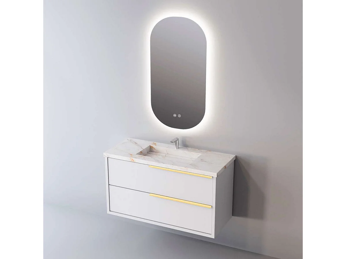 Meuble Salle de Bain LIKE (61 cm x H54 x P45 cm), Plan Vasque Grès Cérame BS, 2 Tiroirs Poignée Or, Laqué Blanc Mat