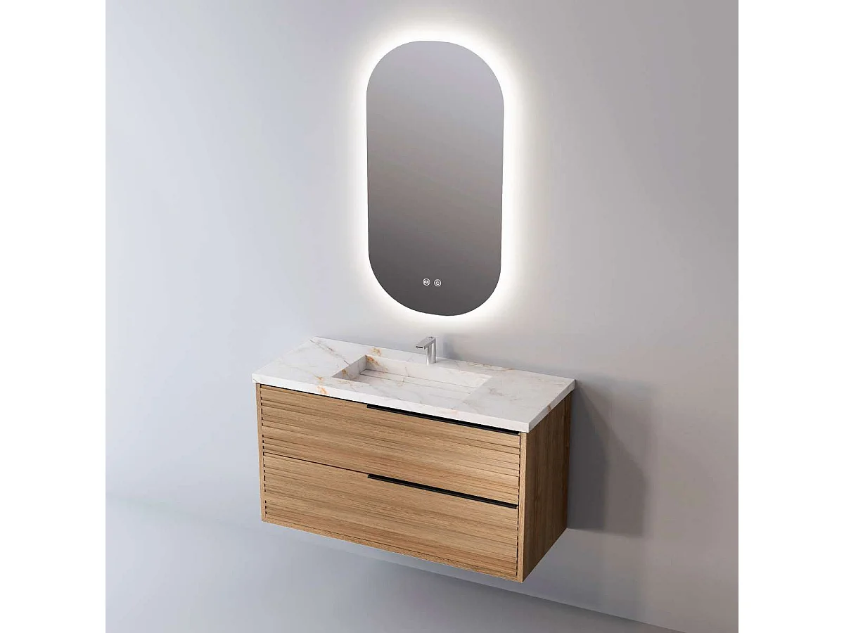 Meuble Salle de Bain BAMBOO (101 cm x H54 x P45 cm), Plan Vasque Grès Cérame BS, 2 Tiroirs Poignée Noir, Chêne Naturel