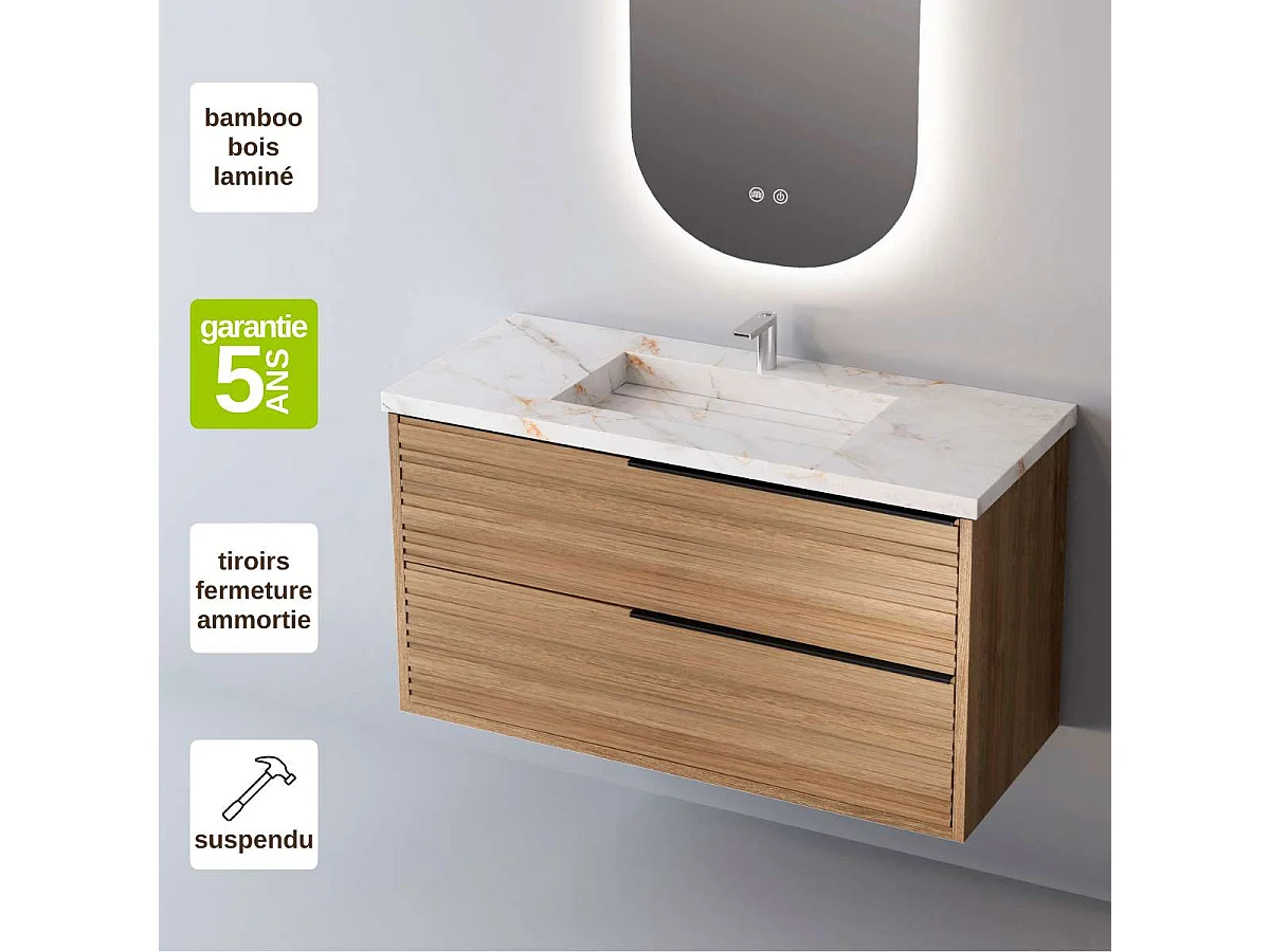 Meuble Salle de Bain BAMBOO 100cm, Plan Vasque Grès Cérame, 2 Tiroirs Poignée Noir, Finition Chêne Naturel, H 54cm x P 45cm
