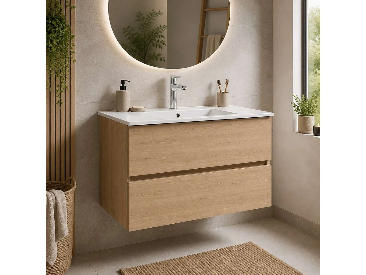 Meuble salle de bain ANCONA 80cm – Plan vasque céramique, 2 tiroirs, finition Finition Chêne Naturel, H 54cm x P 45cm