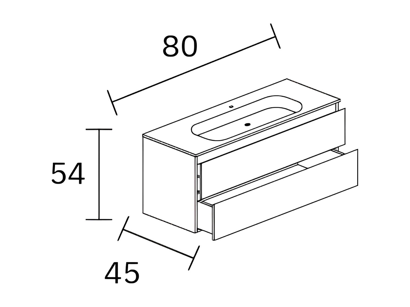Meuble salle de bain ANCONA 80cm – Plan vasque céramique, 2 tiroirs, finition Finition Chêne Naturel, H 54cm x P 45cm