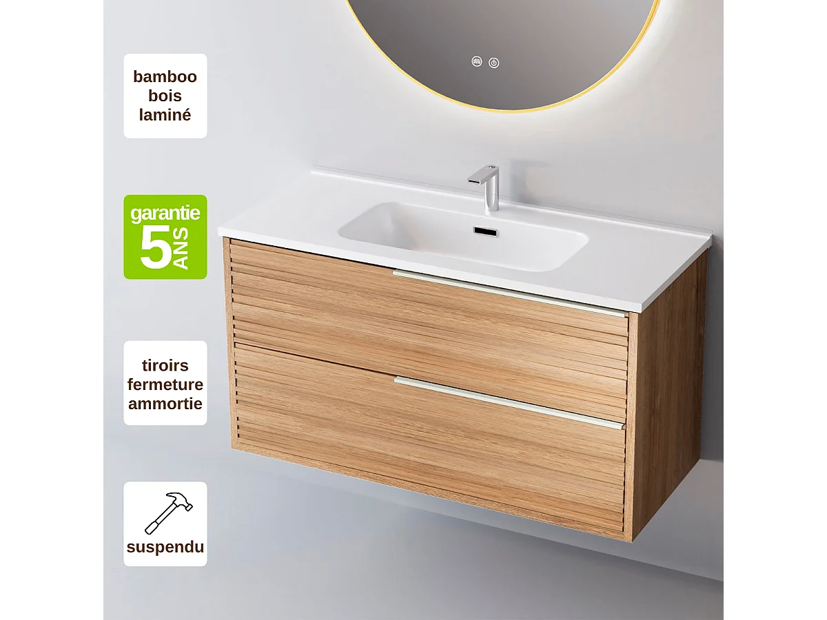 Meuble Salle de Bain BAMBOO (61 cm x H54 x P45 cm), Plan Vasque Solide Surface, 2 Tiroirs Poignée Inox Satiné, Chêne Naturel