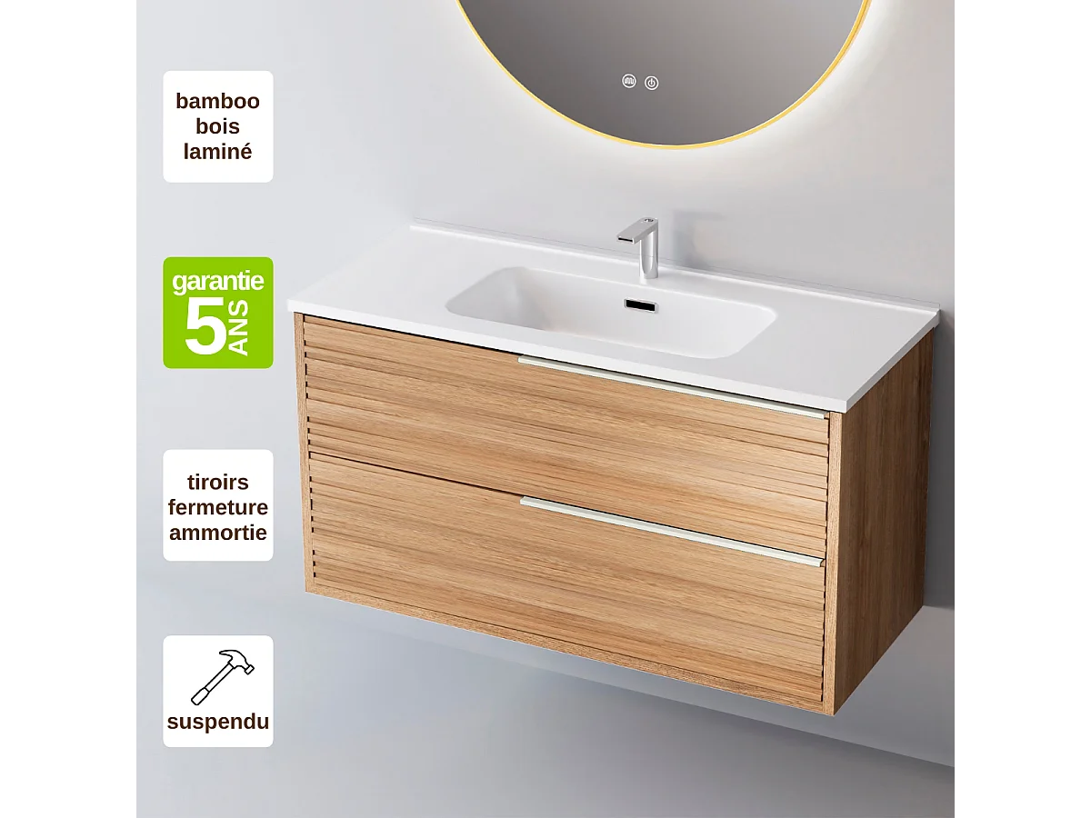 Meuble Salle de Bain BAMBOO (61 cm x H54 x P45 cm), Plan Vasque Solide Surface, 2 Tiroirs Poignée Inox Satiné, Chêne Naturel