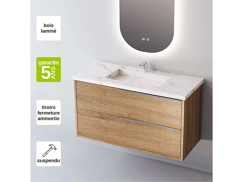 Meuble Salle de Bain LISTELLO (81 cm x H54 x P45 cm), Plan Vasque Grès Cérame BS, 2 Tiroirs Impression 3D Poignée Inox Satiné, Chêne Naturel