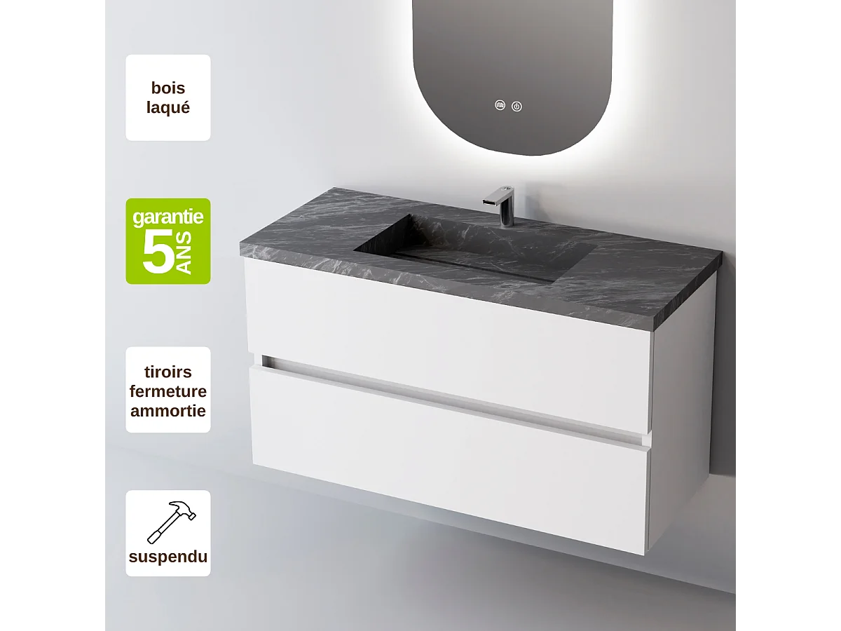 Meuble Salle de Bain ANCONA (61 cm x H54 x P45 cm), Plan Vasque Grès Cérame NA, 2 Tiroirs, Blanc Brillant