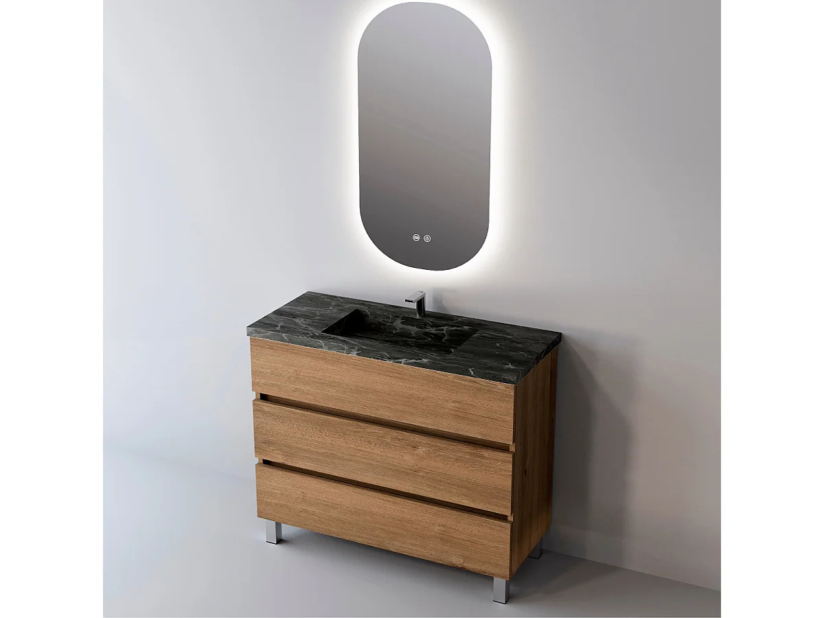 Meuble Salle de Bain ATRANI (81 cm x H90 x P45 cm), Plan Vasque Grès Cérame NA, 3 Tiroirs, Chêne Naturel