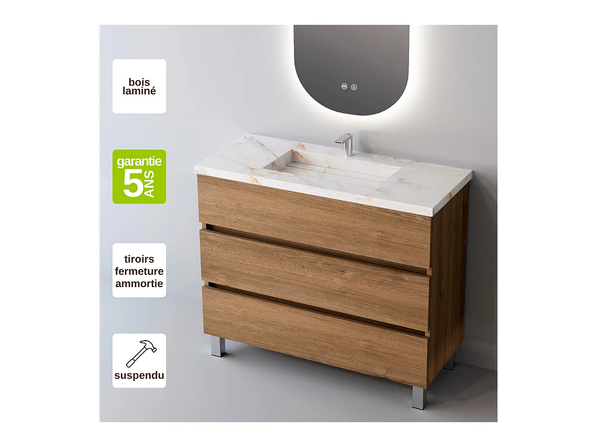Meuble Salle de Bain ATRANI (81 cm x H90 x P45 cm), Plan Vasque Grès Cérame NA, 3 Tiroirs, Chêne Naturel