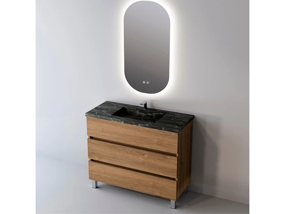 Meuble Salle de Bain ATRANI (81 cm x H90 x P45 cm), Plan Vasque Grès Cérame NA, 3 Tiroirs, Chêne Naturel