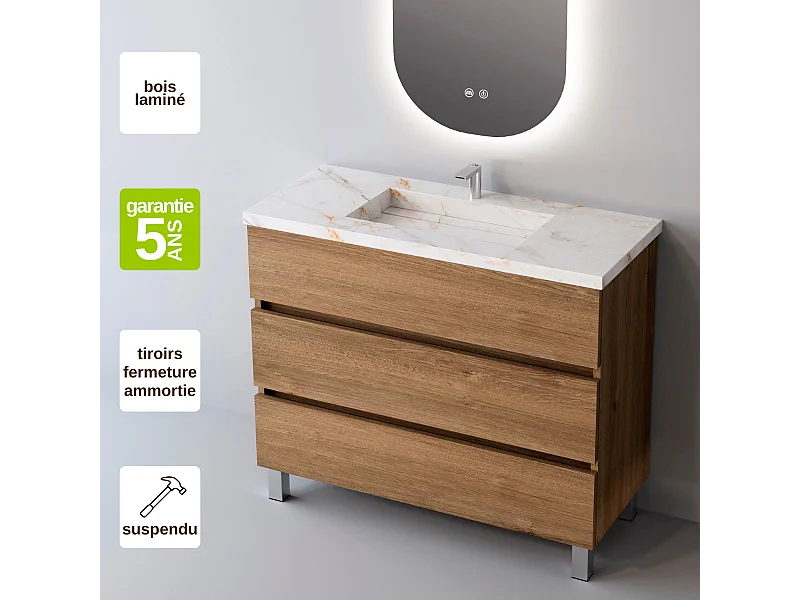 Meuble Salle de Bain ATRANI (81 cm x H90 x P45 cm), Plan Vasque Grès Cérame NA, 3 Tiroirs, Chêne Naturel