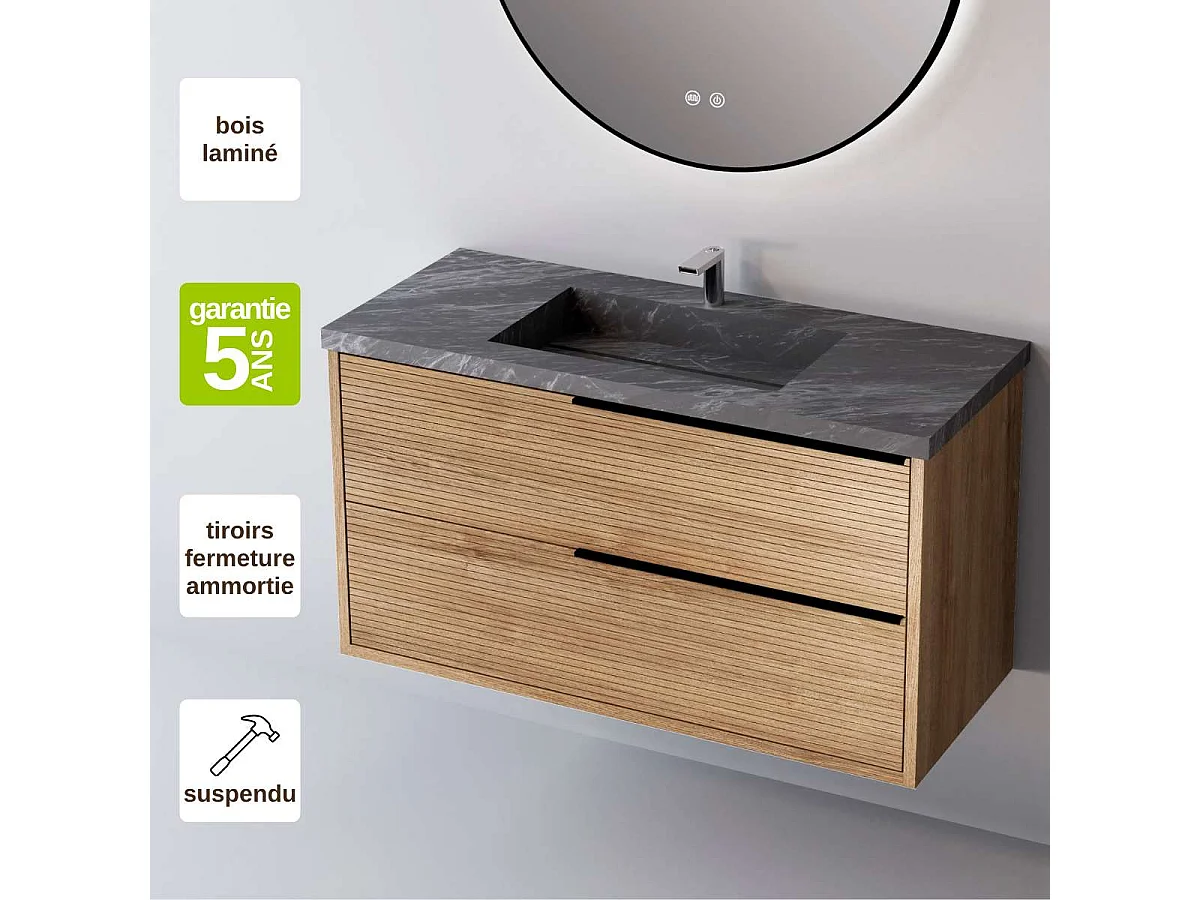 Meuble Salle de Bain LISTELLO (81 cm x H54 x P45 cm), Plan Vasque Grès Cérame NA, 2 Tiroirs Impression 3D Poignée Noir, Chêne Naturel