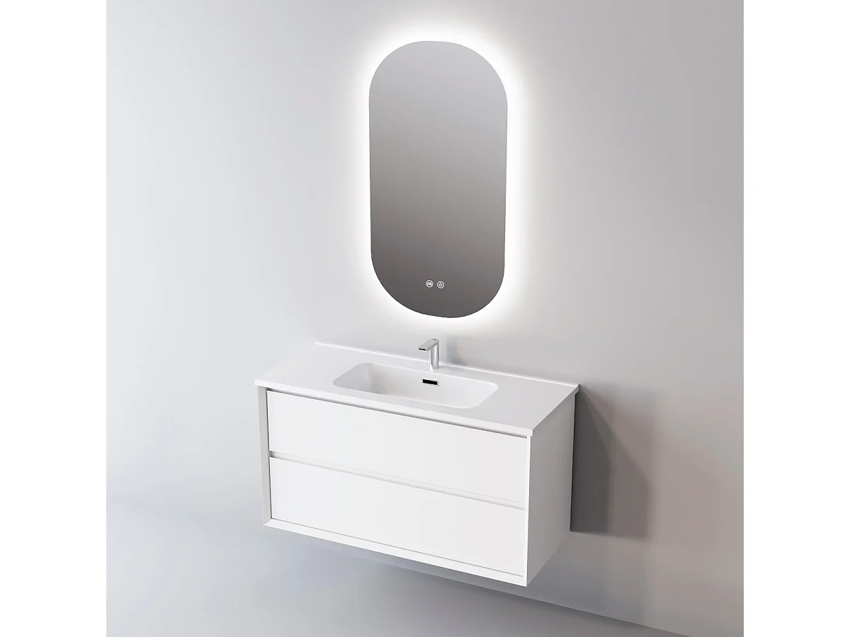 Meuble Salle de Bain COOL  (81 cm x H54 x P45 cm), Plan Vasque Solide Surface, 2 Tiroirs, Laqué Blanc Mat/Noyer