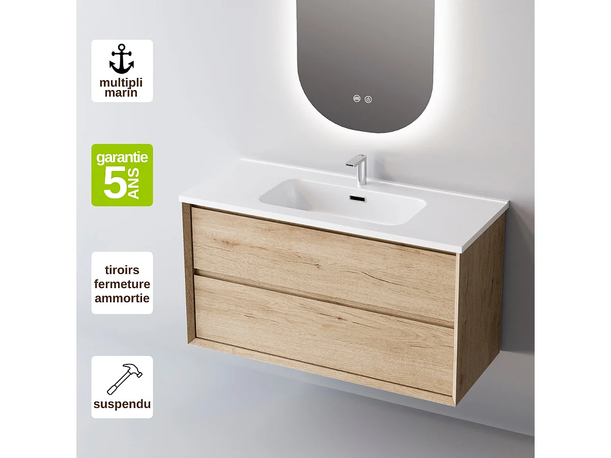 Meuble Salle de Bain COOL 100cm, Plan Vasque Céramique, 2 Tiroirs, Finition Chêne Naturel, H 54cm x P 45cm