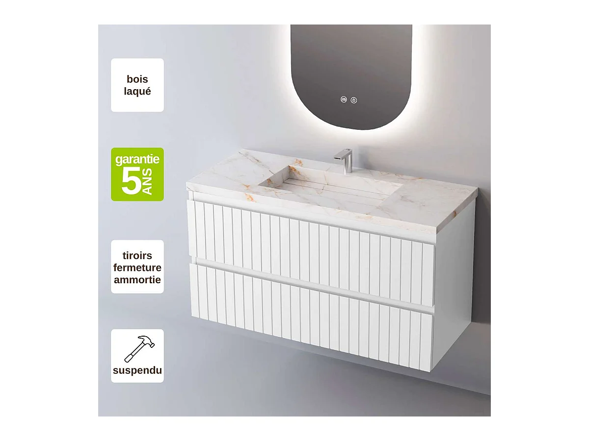 Meuble Salle de Bain GLOW (81 cm x H54 x P45 cm), Plan Vasque Grès Cérame BS, 2 Tiroirs, Laqué Blanc Mat