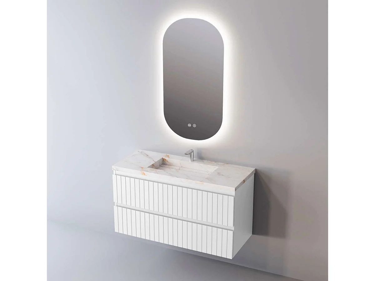 Meuble Salle de Bain GLOW (81 cm x H54 x P45 cm), Plan Vasque Grès Cérame BS, 2 Tiroirs, Laqué Blanc Mat