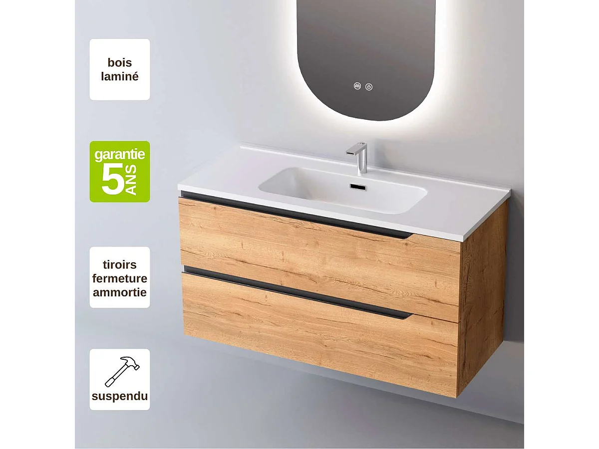 Meuble Salle de Bain DUO (101 cm x H54 x P45 cm), Plan Vasque Céramique WB, 2 Tiroirs, Chêne Clair