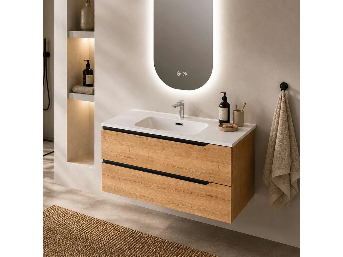 Meuble salle de bain DUO 100cm – Plan vasque céramique, 2 tiroirs, Finition Chêne Clair, H 54cm x P 45cm