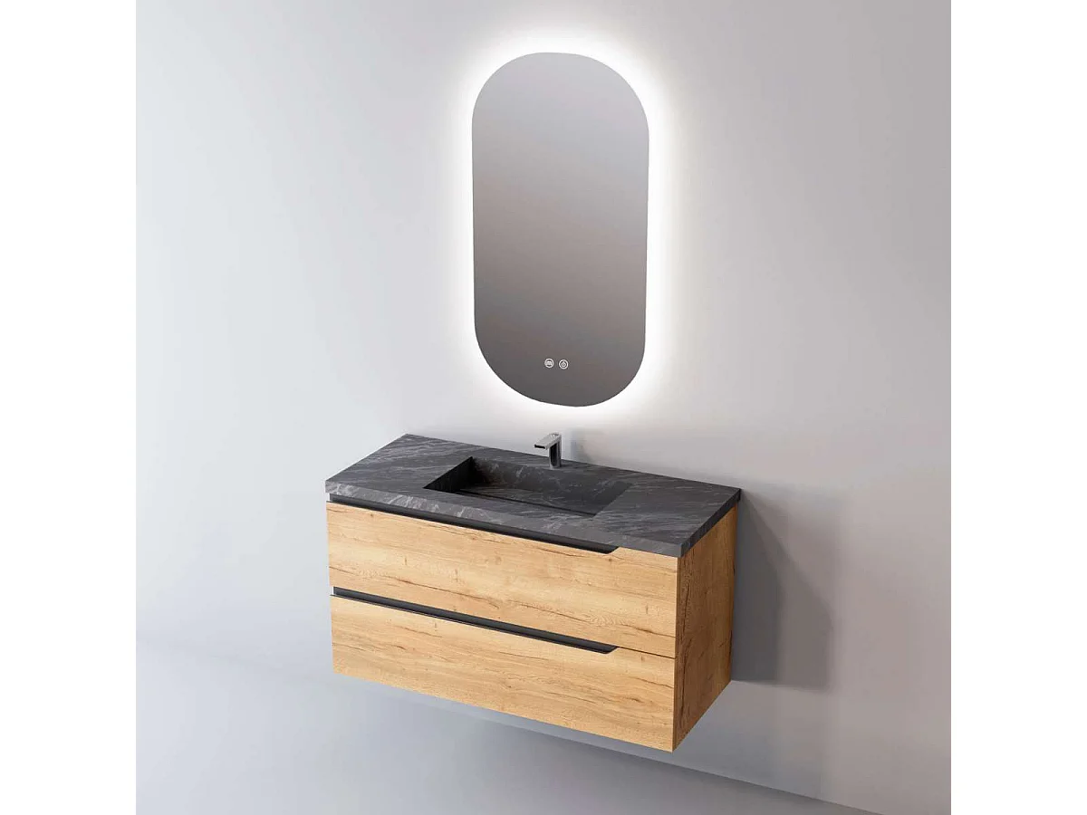 Meuble Salle de Bain DUO (61 cm x H54 x P45 cm), Plan Vasque Grès Cérame NA, 2 Tiroirs, Chêne Clair