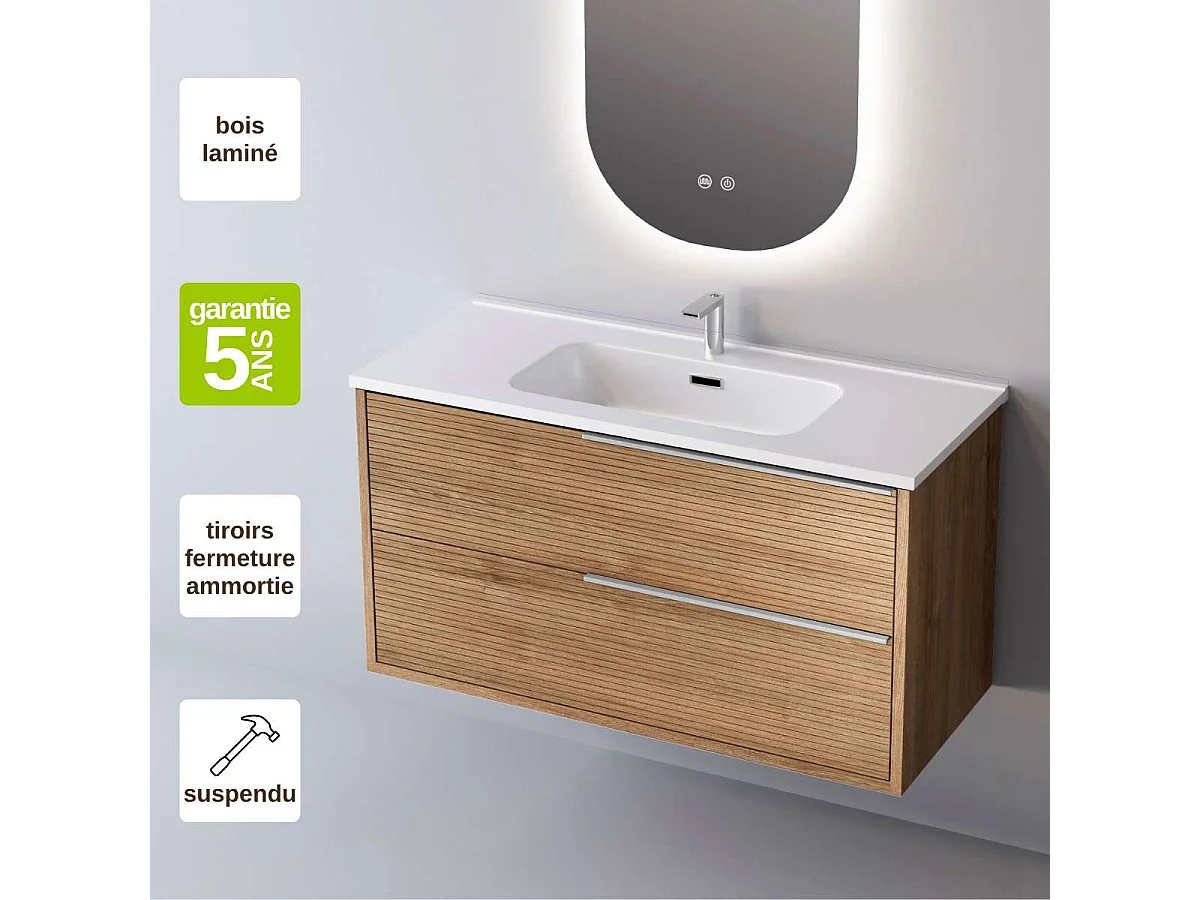 Meuble Salle de Bain LISTELLO (101 cm x H54 x P45 cm), Plan Vasque Céramique WB, 2 Tiroirs Impression 3D Poignée Inox Satiné, Chêne Naturel