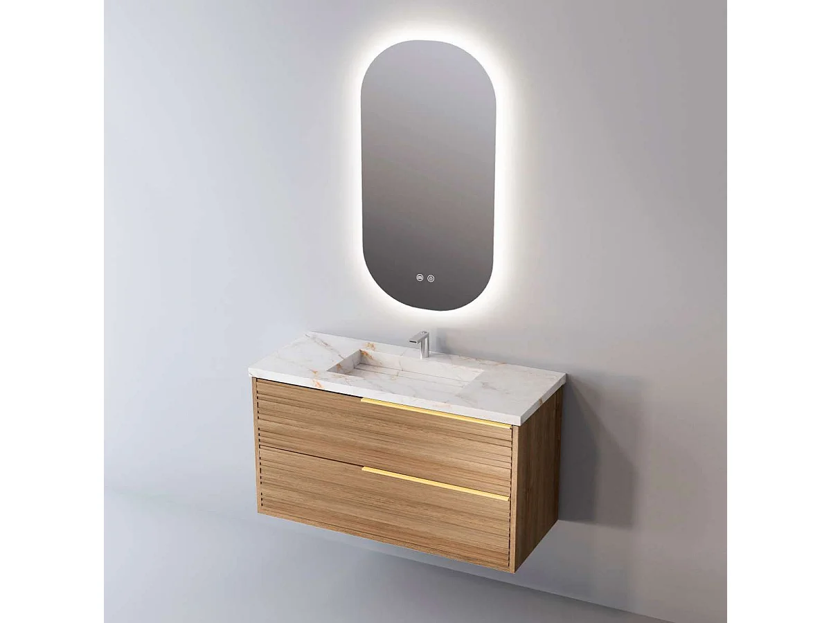 Meuble Salle de Bain BAMBOO (81 cm x H54 x P45 cm), Plan Vasque Grès Cérame BS, 2 Tiroirs Poignée Or, Chêne Naturel