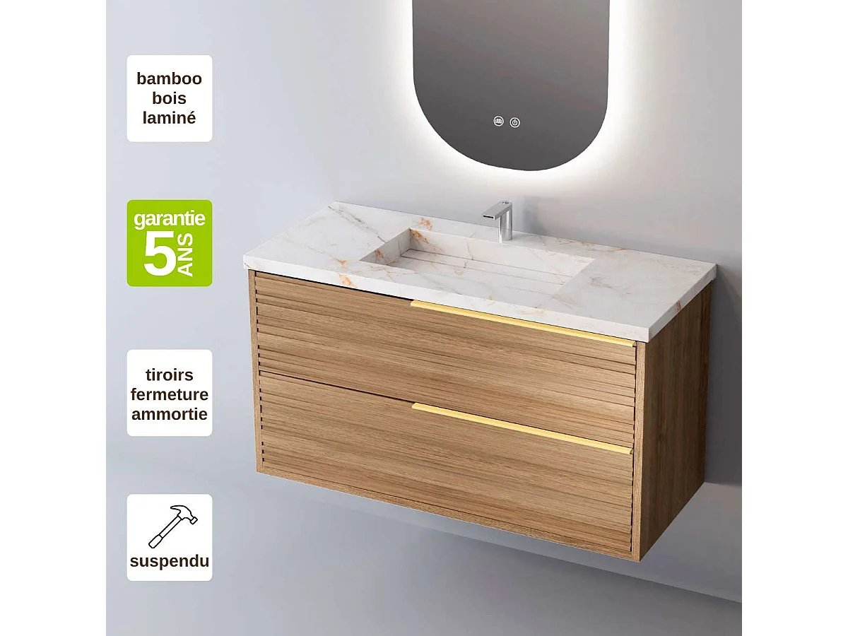 Meuble Salle de Bain BAMBOO 80cm, Plan Vasque Grès Cérame, 2 Tiroirs Poignée Or, Finition Chêne Naturel, H 54cm x P 45cm