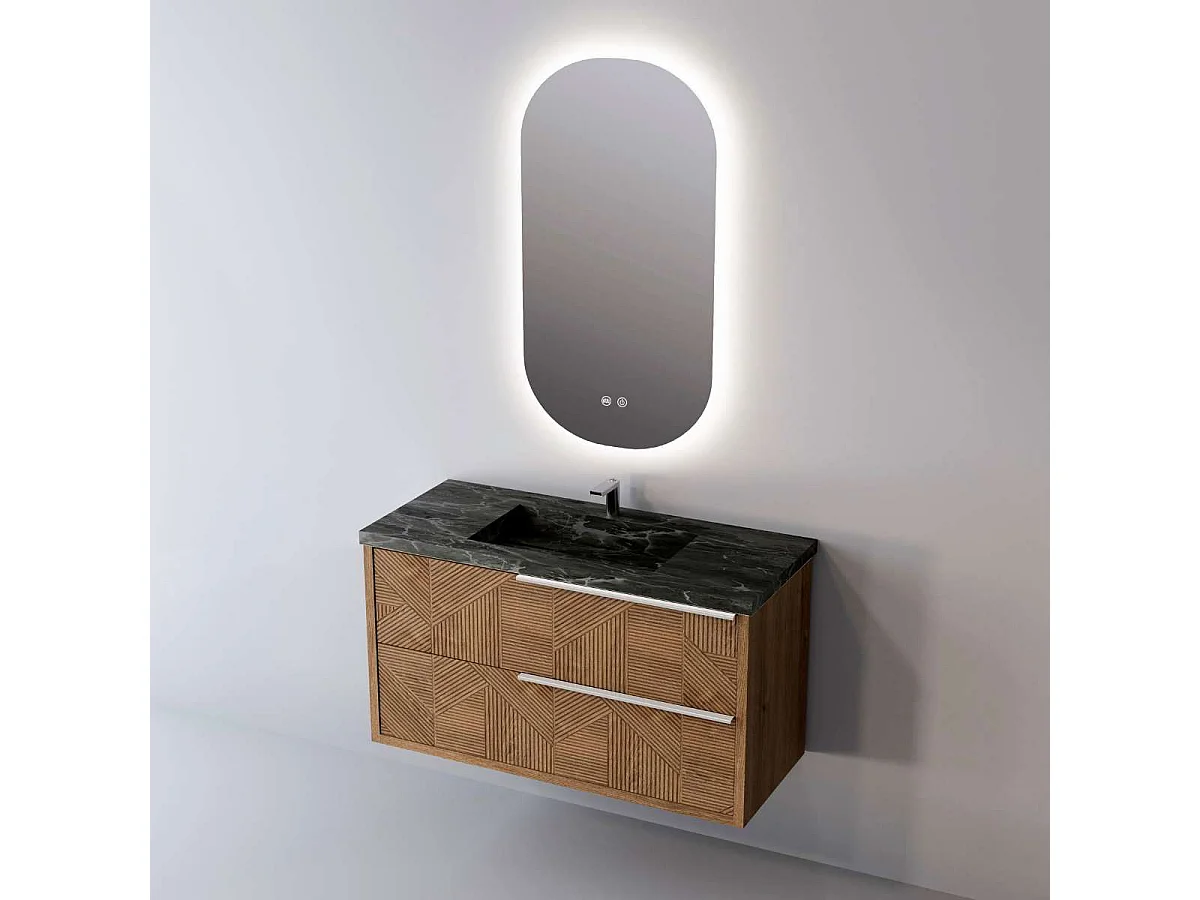 Meuble Salle de Bain REEL (61 cm x H54 x P45 cm), Plan Vasque Grès Cérame NA, 2 Tiroirs Impression 3D Poignée Inox Satiné, Chêne Moyen