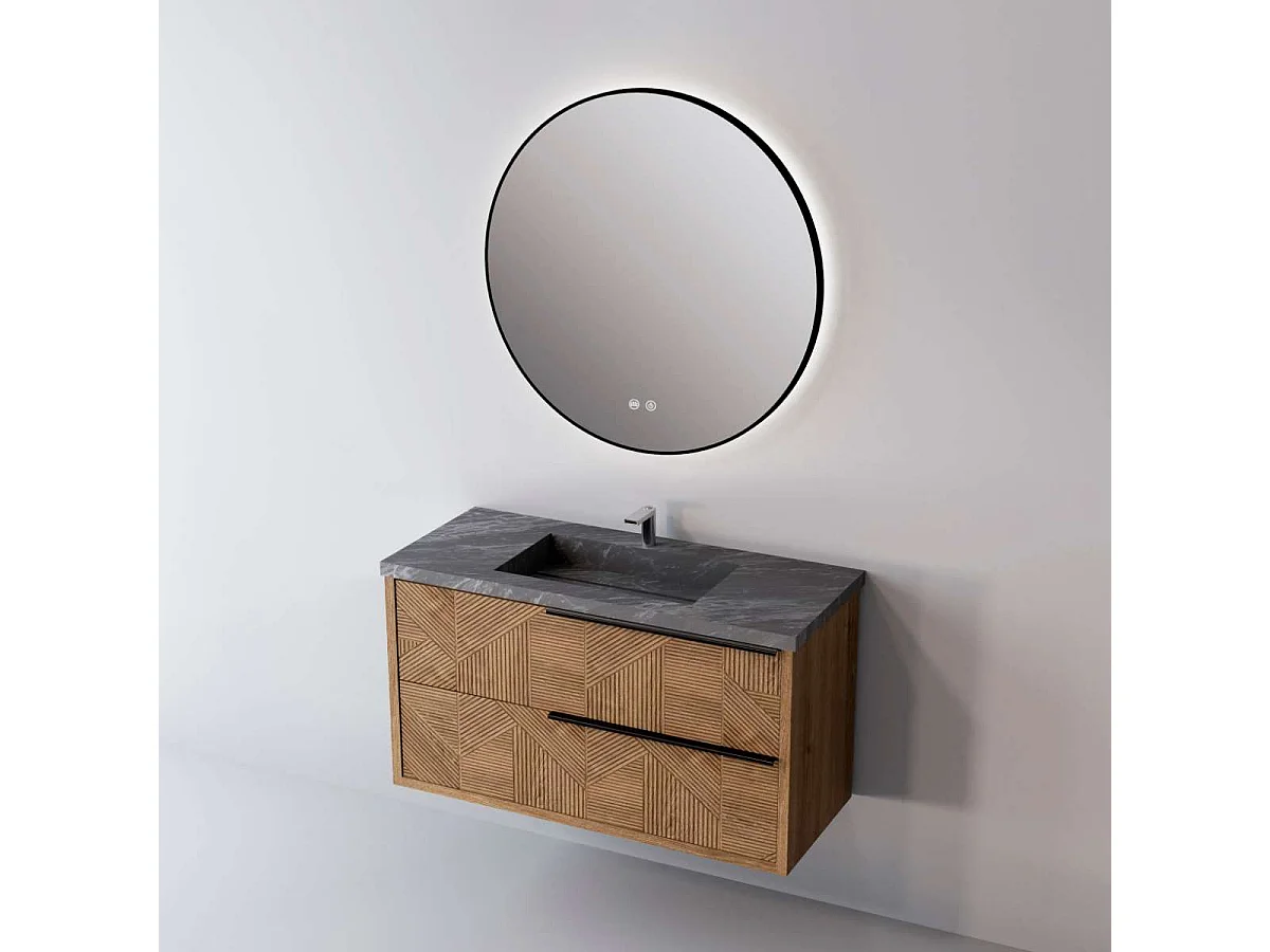 Meuble Salle de Bain REEL (61 cm x H54 x P45 cm), Plan Vasque Grès Cérame NA, 2 Tiroirs Impression 3D Poignée Noir, Chêne Moyen