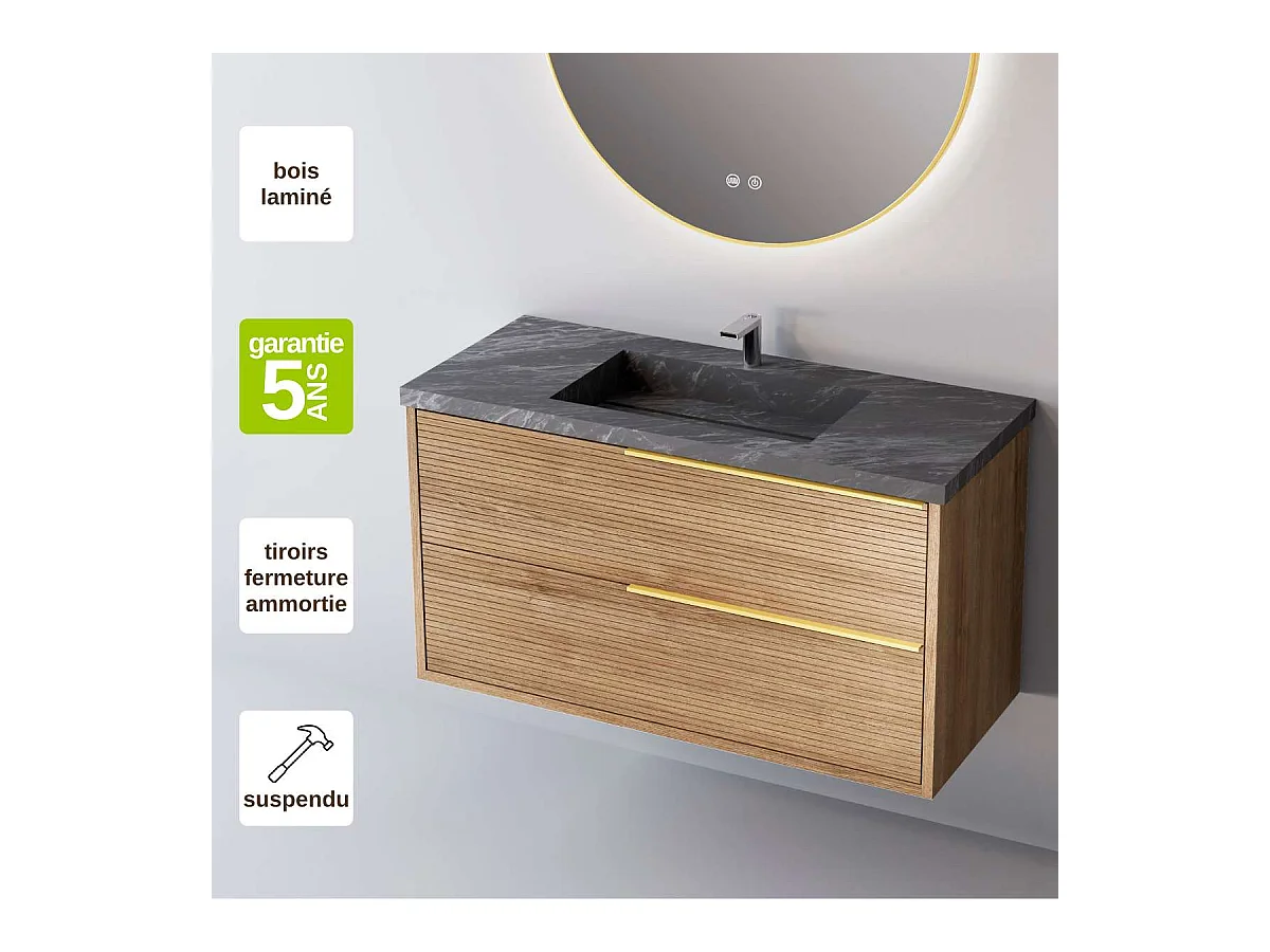 Meuble Salle de Bain LISTELLO (61 cm x H54 x P45 cm), Plan Vasque Grès Cérame NA, 2 Tiroirs Impression 3D Poignée Or, Chêne Naturel