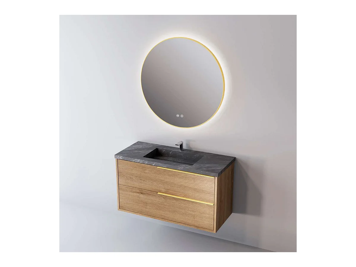 Meuble Salle de Bain LISTELLO (61 cm x H54 x P45 cm), Plan Vasque Grès Cérame NA, 2 Tiroirs Impression 3D Poignée Or, Chêne Naturel