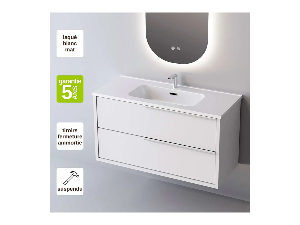 Meuble Salle de Bain LIKE (81 cm x H54 x P45 cm), Plan Vasque Solide Surface, 2 Tiroirs Poignée Inox Satiné, Laqué Blanc Mat