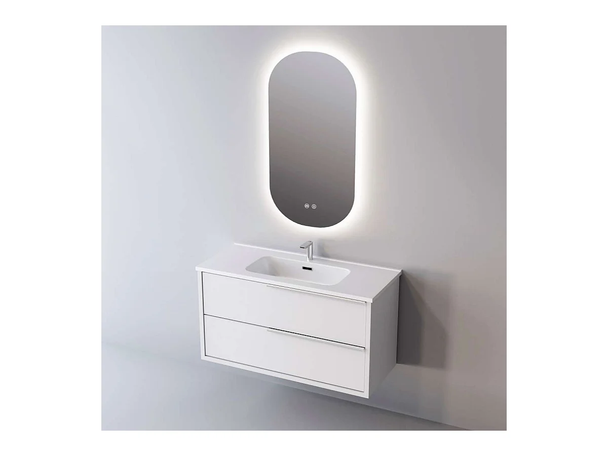 Meuble Salle de Bain LIKE (81 cm x H54 x P45 cm), Plan Vasque Solide Surface, 2 Tiroirs Poignée Inox Satiné, Laqué Blanc Mat