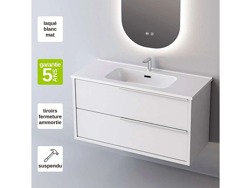 Meuble Salle de Bain LIKE (81 cm x H54 x P45 cm), Plan Vasque Solide Surface, 2 Tiroirs Poignée Inox Satiné, Laqué Blanc Mat