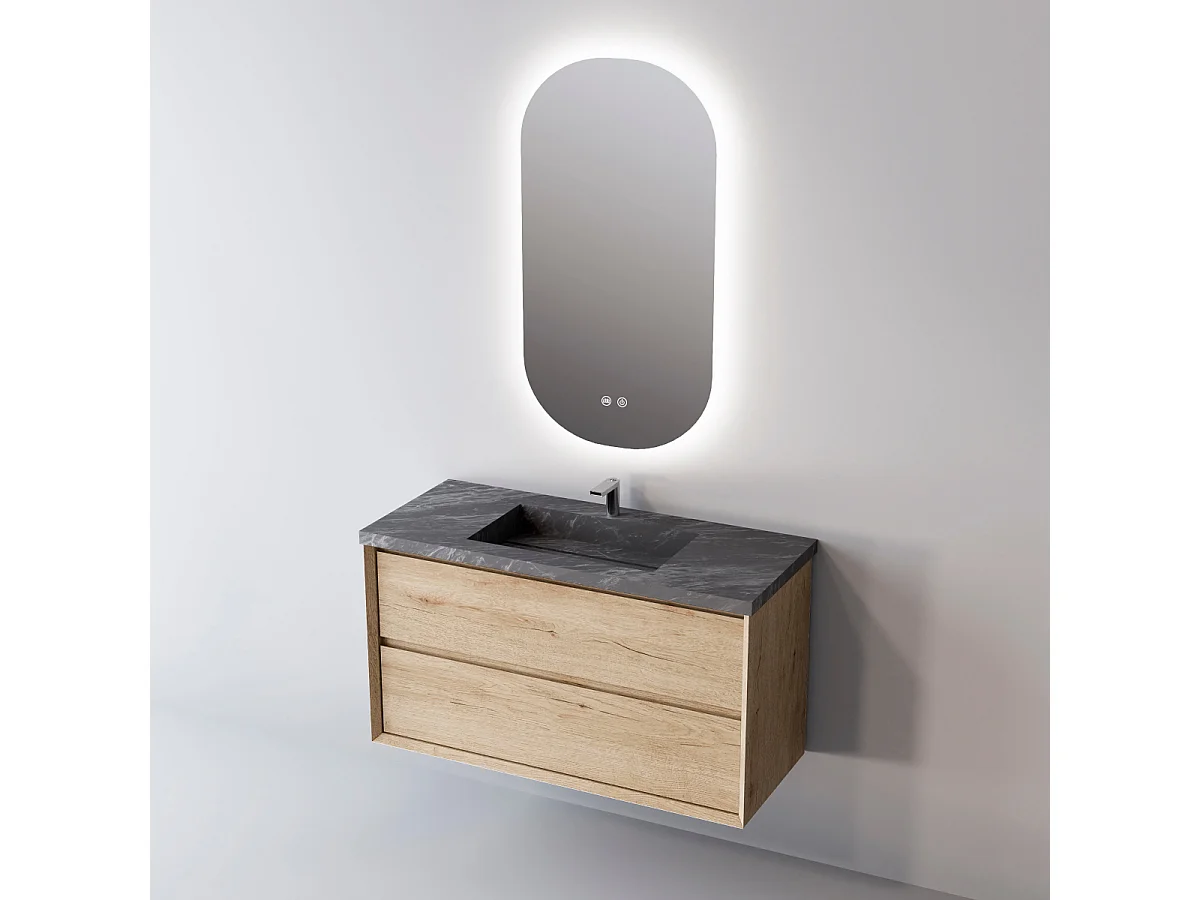 Meuble Salle de Bain COOL  (61 cm x H54 x P45 cm), Plan Vasque Grès Cérame NA, 2 Tiroirs, Chêne Naturel