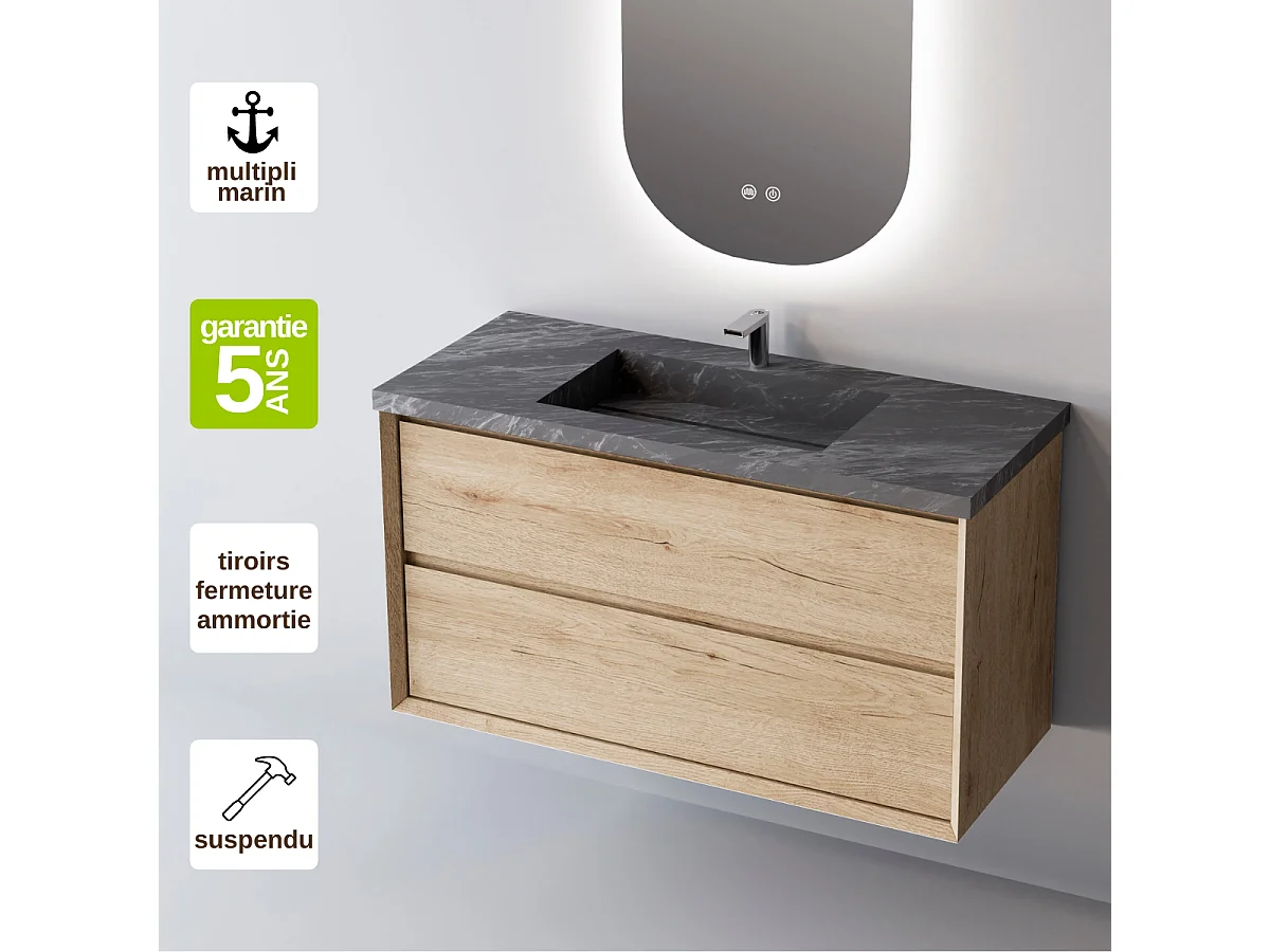 Meuble Salle de Bain COOL 60cm, Plan Vasque Grès Cérame, 2 Tiroirs, Finition Chêne Naturel, H 54cm x P 45cm