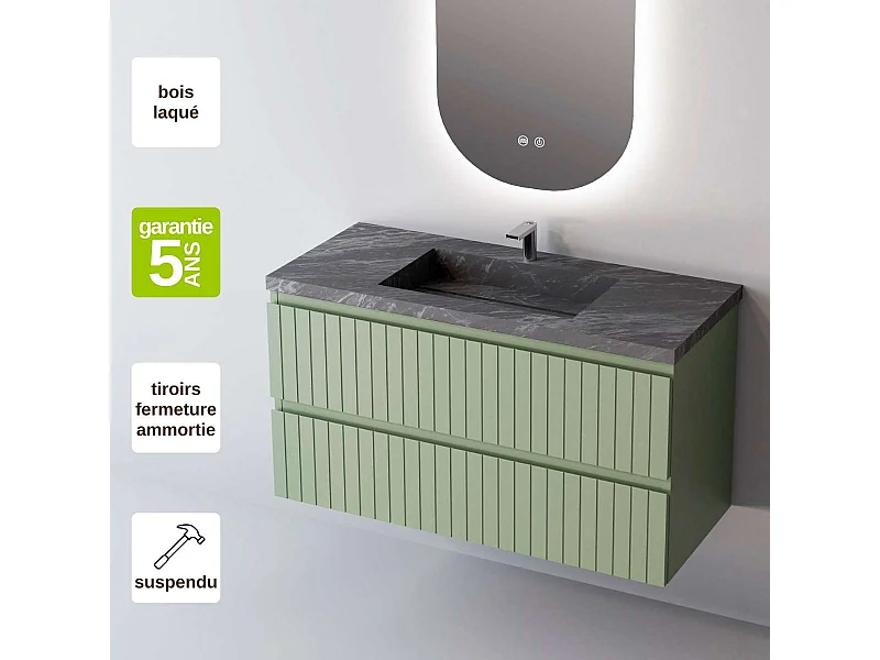 Meuble Salle de Bain GLOW (81 cm x H54 x P45 cm), Plan Vasque Grès Cérame NA, 2 Tiroirs, Laqué Vert Mint Mat