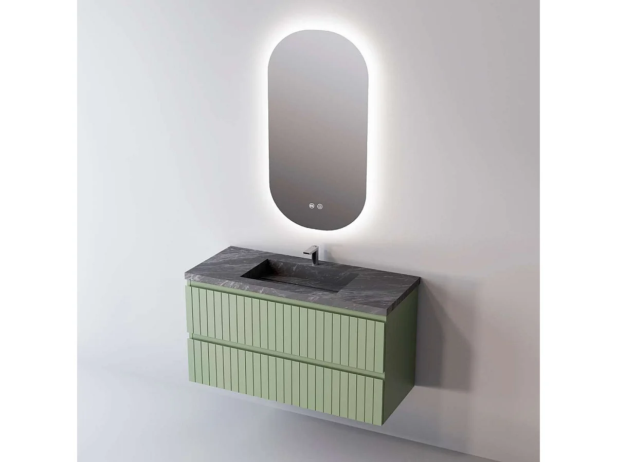 Meuble Salle de Bain GLOW (81 cm x H54 x P45 cm), Plan Vasque Grès Cérame NA, 2 Tiroirs, Laqué Vert Mint Mat