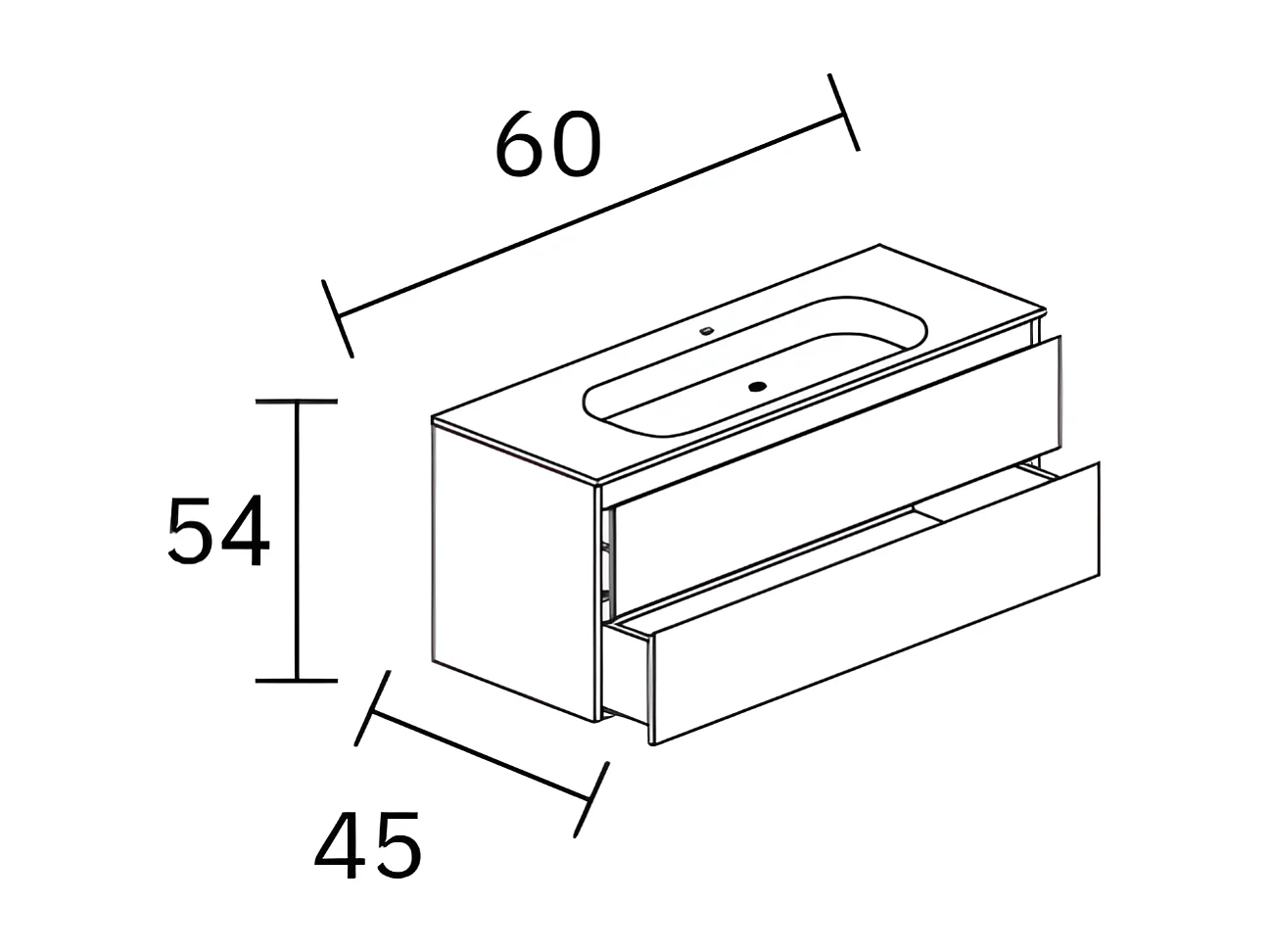 Meuble salle de bain ANCONA 60cm – Plan vasque Solid surface, 2 tiroirs, finition Blanc Brillant, H 54cm x P 45cm